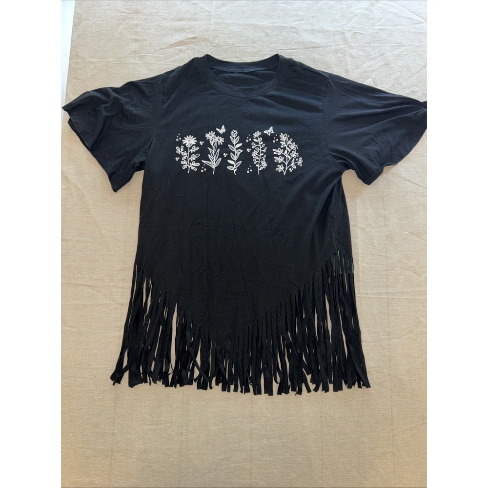 Remidoo Women's‎ Black T-Shirt Flowers Medium